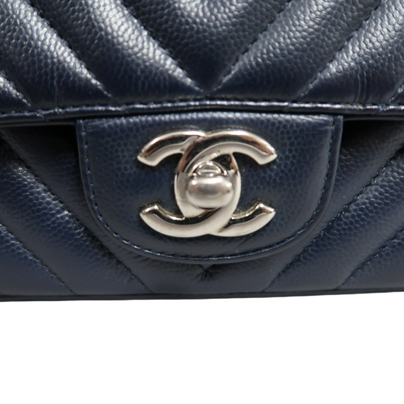 CHANEL Chevron V-Stitch Mini Classic Flap Bag Navy Blue Calfskin Silver Hardware Full Set with Box & Dust Bag No Sticker