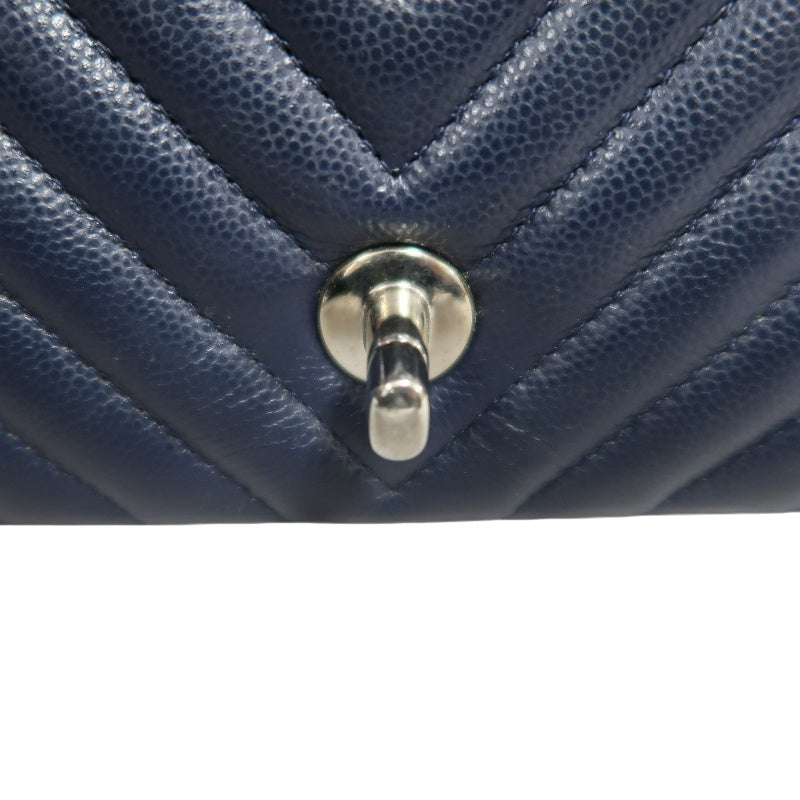 CHANEL Chevron V-Stitch Mini Classic Flap Bag Navy Blue Calfskin Silver Hardware Full Set with Box & Dust Bag No Sticker