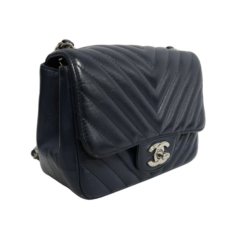 CHANEL Chevron V-Stitch Mini Classic Flap Bag Navy Blue Calfskin Silver Hardware Full Set with Box & Dust Bag No Sticker