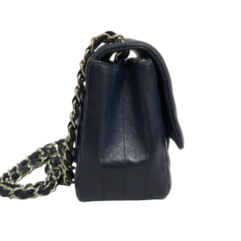 CHANEL Chevron V-Stitch Mini Classic Flap Bag Navy Blue Calfskin Silver Hardware Full Set with Box & Dust Bag No Sticker