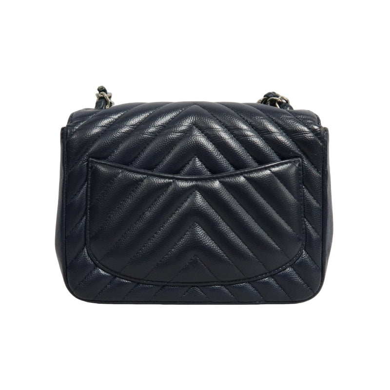 CHANEL Chevron V-Stitch Mini Classic Flap Bag Navy Blue Calfskin Silver Hardware Full Set with Box & Dust Bag No Sticker