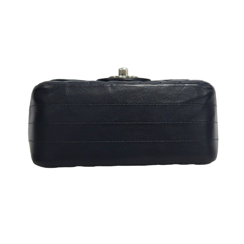 CHANEL Chevron V-Stitch Mini Classic Flap Bag Navy Blue Calfskin Silver Hardware Full Set with Box & Dust Bag No Sticker