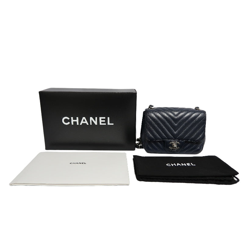 CHANEL Chevron V-Stitch Mini Classic Flap Bag Navy Blue Calfskin Silver Hardware Full Set with Box & Dust Bag No Sticker