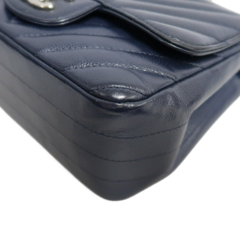 CHANEL Chevron V-Stitch Mini Classic Flap Bag Navy Blue Calfskin Silver Hardware Full Set with Box & Dust Bag No Sticker