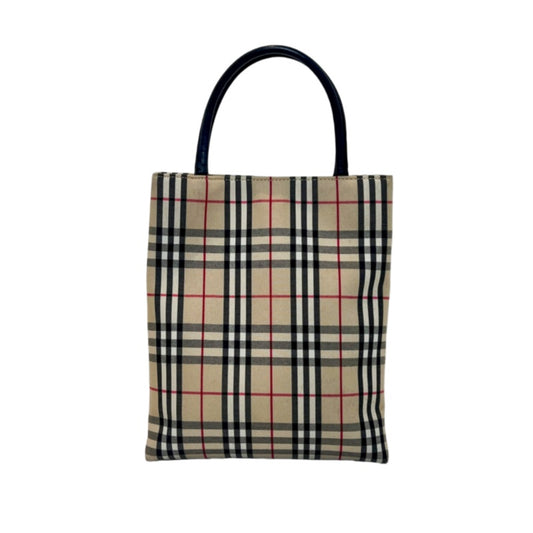 BURBERRY Nova Check Canvas Mini Tote Bag Beige Classic Plaid Pattern Black Leather Handle British Style Casual Daily Use
