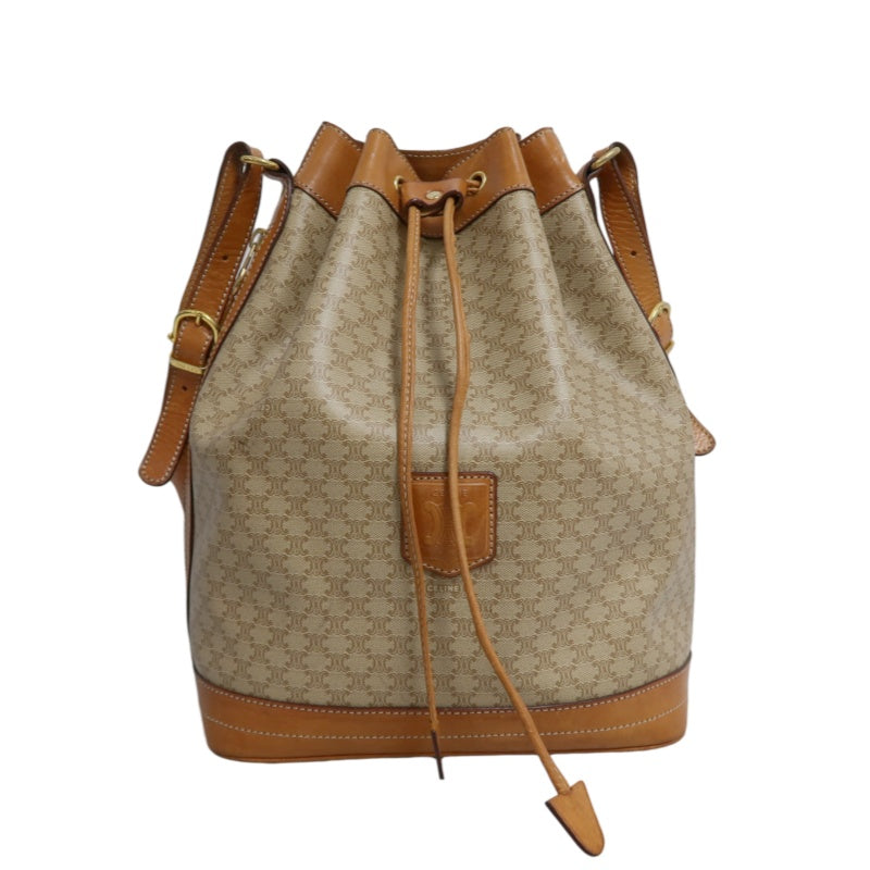 CELINE Vintage Macadam Canvas Drawstring Bucket Shoulder Bag Beige Leather Trim Gold Hardware