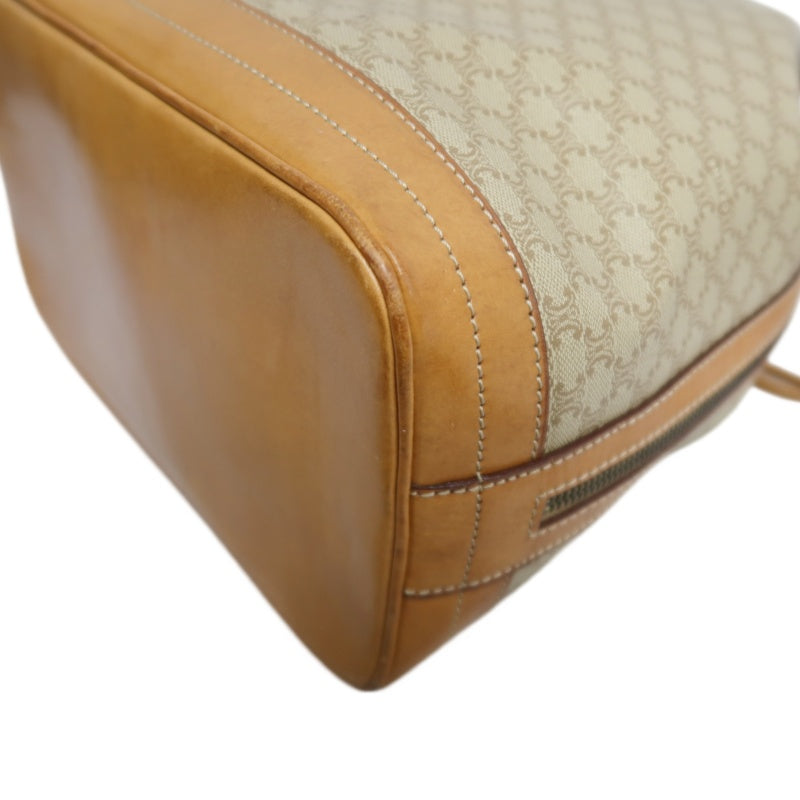 CELINE Vintage Macadam Canvas Drawstring Bucket Shoulder Bag Beige Leather Trim Gold Hardware