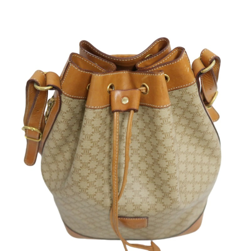 CELINE Vintage Macadam Canvas Drawstring Bucket Shoulder Bag Beige Leather Trim Gold Hardware