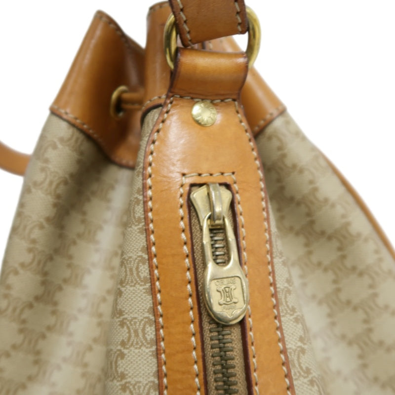 CELINE Vintage Macadam Canvas Drawstring Bucket Shoulder Bag Beige Leather Trim Gold Hardware