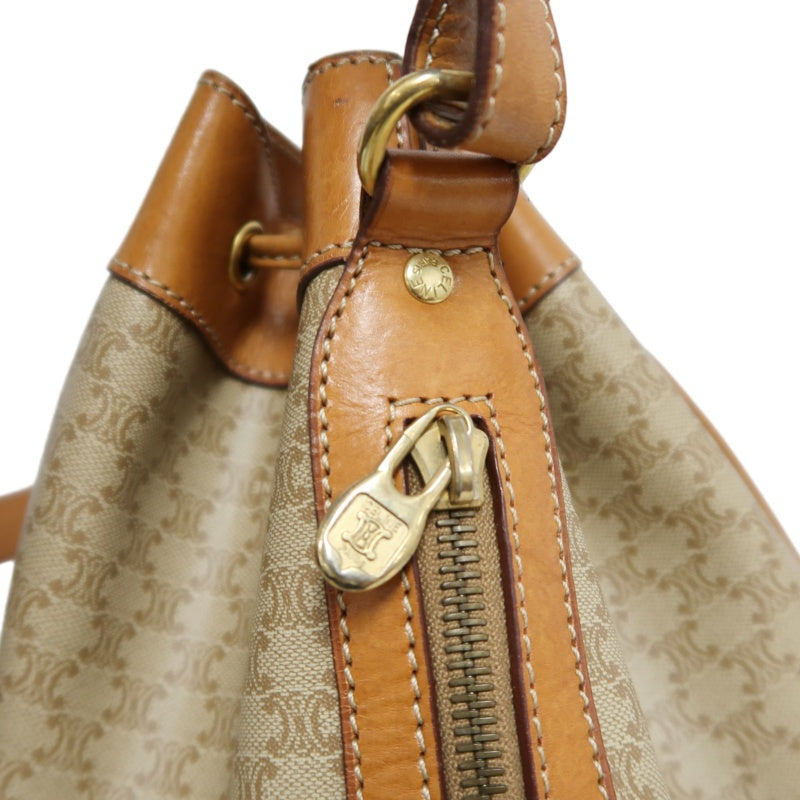 CELINE Vintage Macadam Canvas Drawstring Bucket Shoulder Bag Beige Leather Trim Gold Hardware
