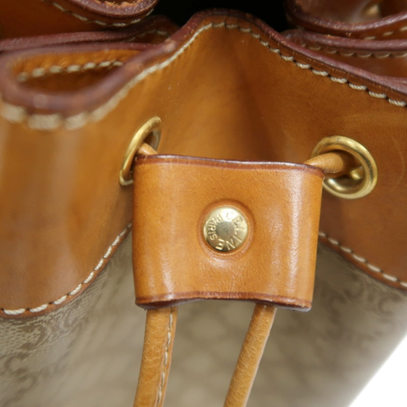 CELINE Vintage Macadam Canvas Drawstring Bucket Shoulder Bag Beige Leather Trim Gold Hardware