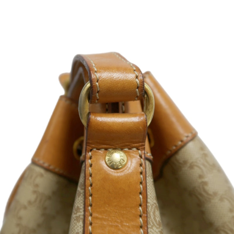 CELINE Vintage Macadam Canvas Drawstring Bucket Shoulder Bag Beige Leather Trim Gold Hardware