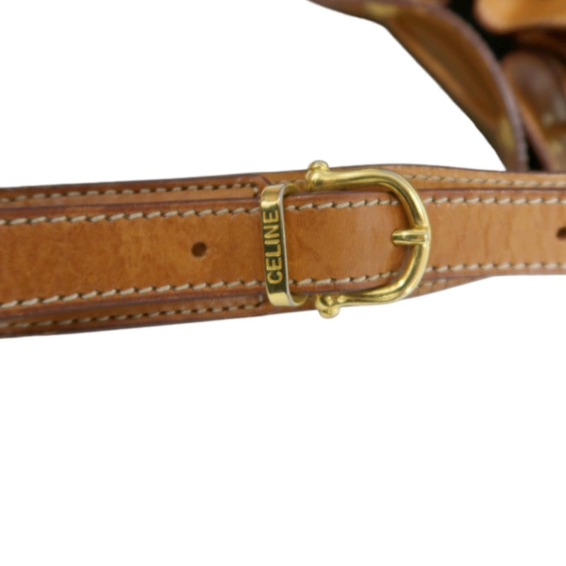 CELINE Vintage Macadam Canvas Drawstring Bucket Shoulder Bag Beige Leather Trim Gold Hardware