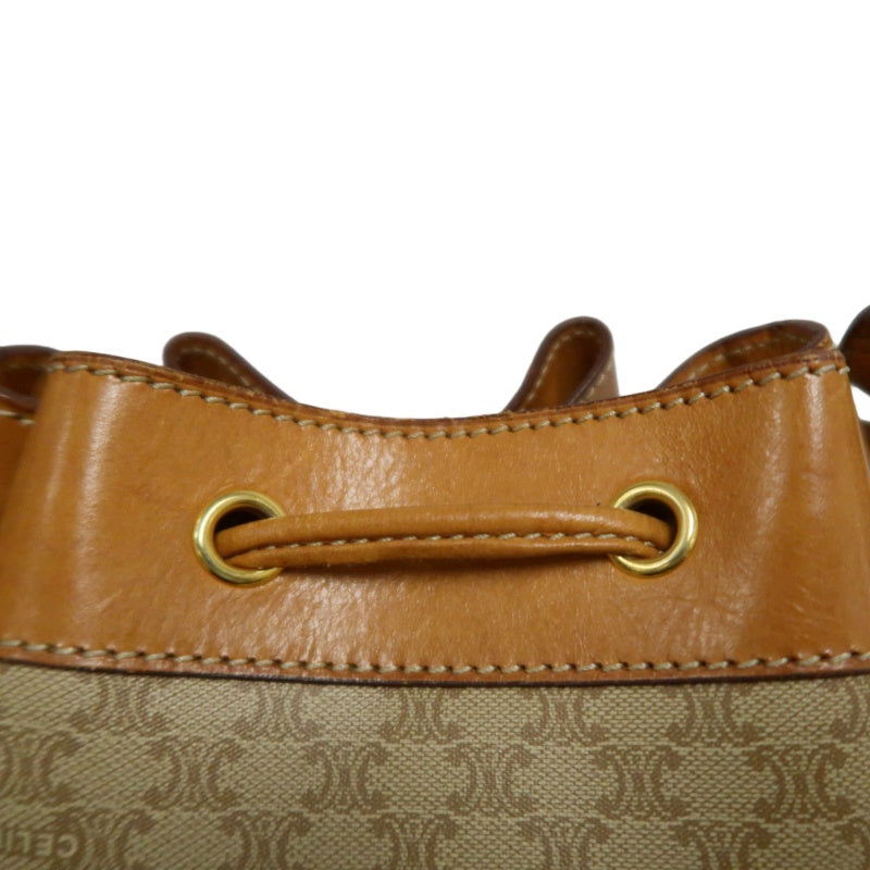 CELINE Vintage Macadam Canvas Drawstring Bucket Shoulder Bag Beige Leather Trim Gold Hardware