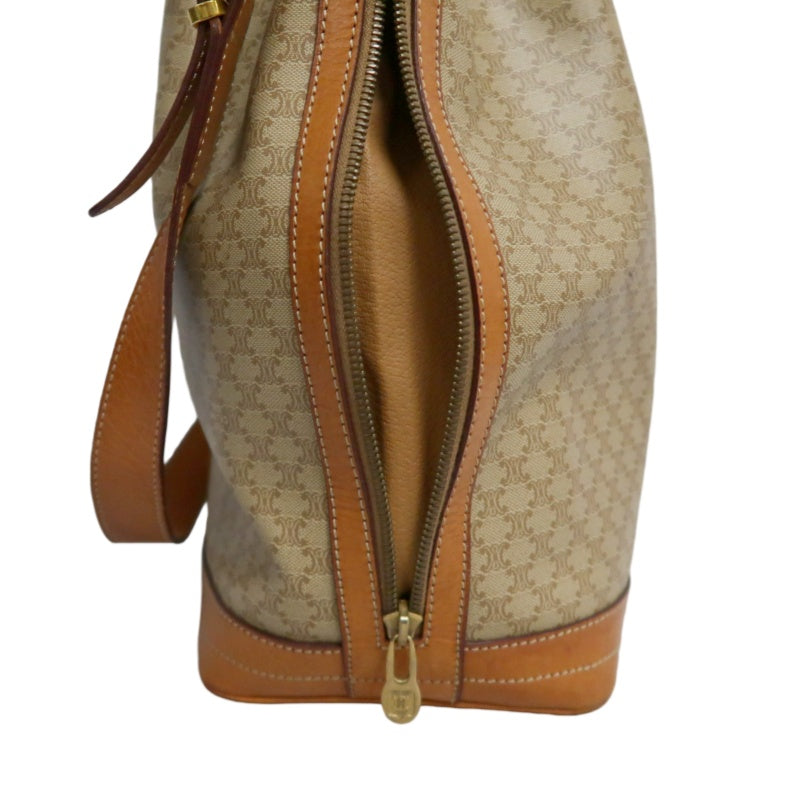 CELINE Vintage Macadam Canvas Drawstring Bucket Shoulder Bag Beige Leather Trim Gold Hardware
