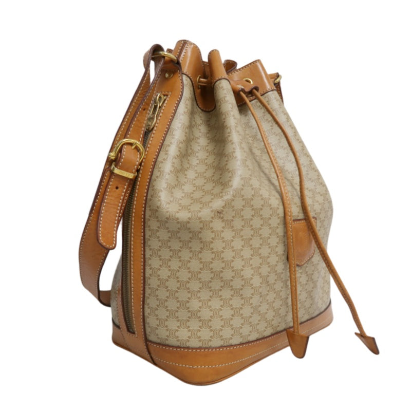 CELINE Vintage Macadam Canvas Drawstring Bucket Shoulder Bag Beige Leather Trim Gold Hardware