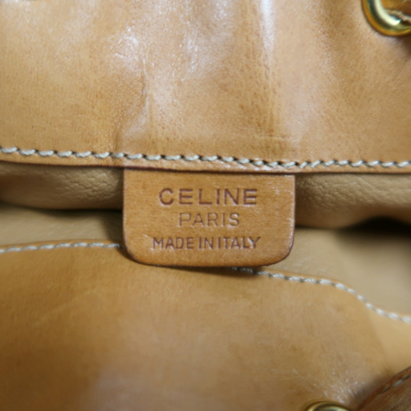 CELINE Vintage Macadam Canvas Drawstring Bucket Shoulder Bag Beige Leather Trim Gold Hardware
