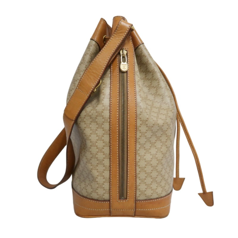CELINE Vintage Macadam Canvas Drawstring Bucket Shoulder Bag Beige Leather Trim Gold Hardware