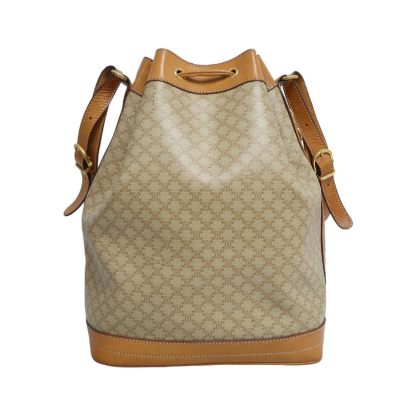 CELINE Vintage Macadam Canvas Drawstring Bucket Shoulder Bag Beige Leather Trim Gold Hardware