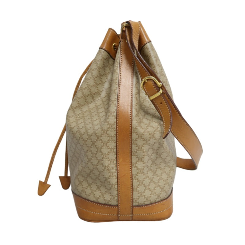 CELINE Vintage Macadam Canvas Drawstring Bucket Shoulder Bag Beige Leather Trim Gold Hardware