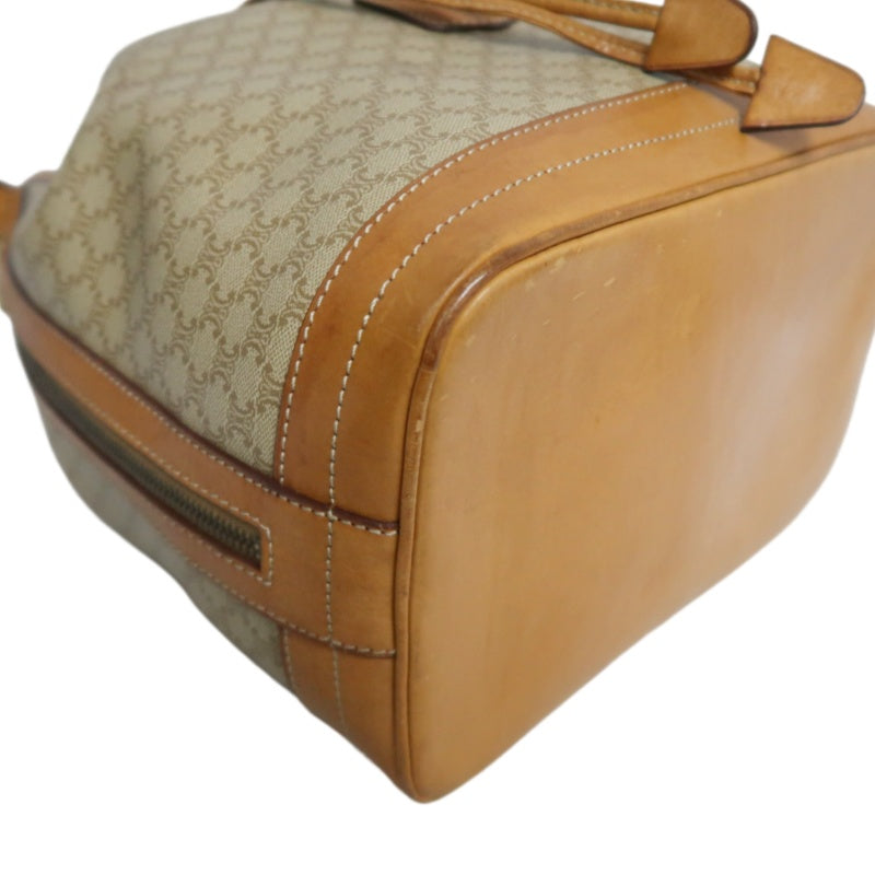 CELINE Vintage Macadam Canvas Drawstring Bucket Shoulder Bag Beige Leather Trim Gold Hardware