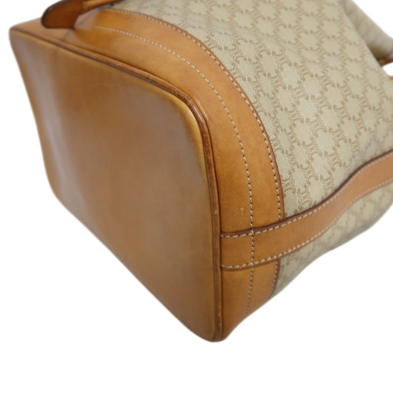 CELINE Vintage Macadam Canvas Drawstring Bucket Shoulder Bag Beige Leather Trim Gold Hardware