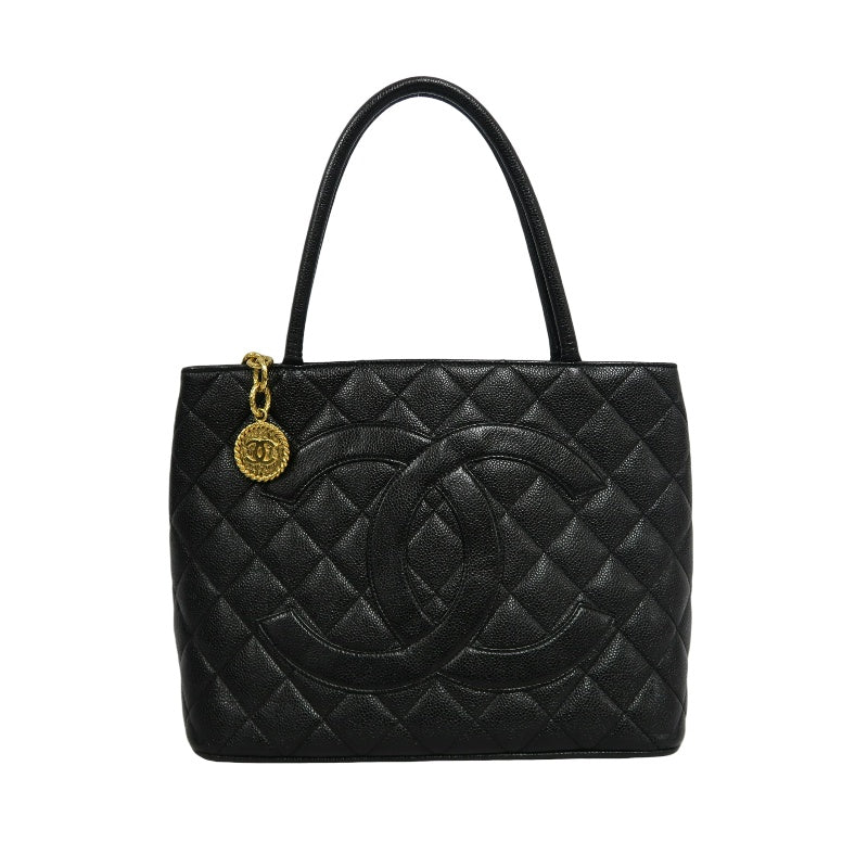 CHANEL Medallion Caviar Skin Quilted Tote Bag Black Grained Calfskin Gold Hardware CC Coin Charm Spacious Commute Iconic Timeless Vintage Classic Bag Included Original Guarantee Card