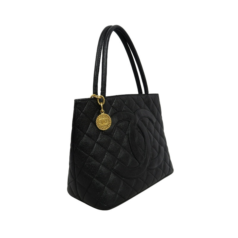 CHANEL Medallion Caviar Skin Quilted Tote Bag Black Grained Calfskin Gold Hardware CC Coin Charm Spacious Commute Iconic Timeless Vintage Classic Bag Included Original Guarantee Card
