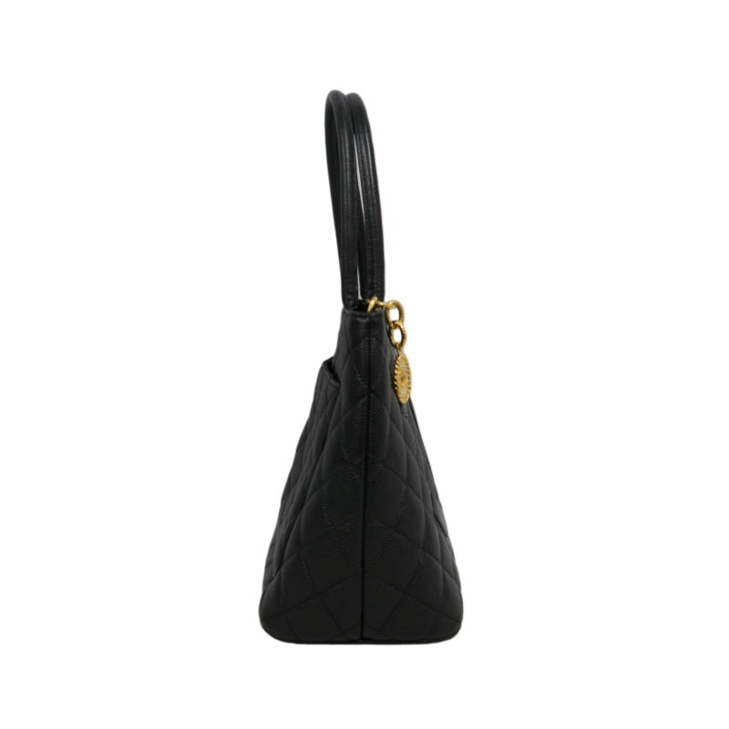 CHANEL Medallion Caviar Skin Quilted Tote Bag Black Grained Calfskin Gold Hardware CC Coin Charm Spacious Commute Iconic Timeless Vintage Classic Bag Included Original Guarantee Card
