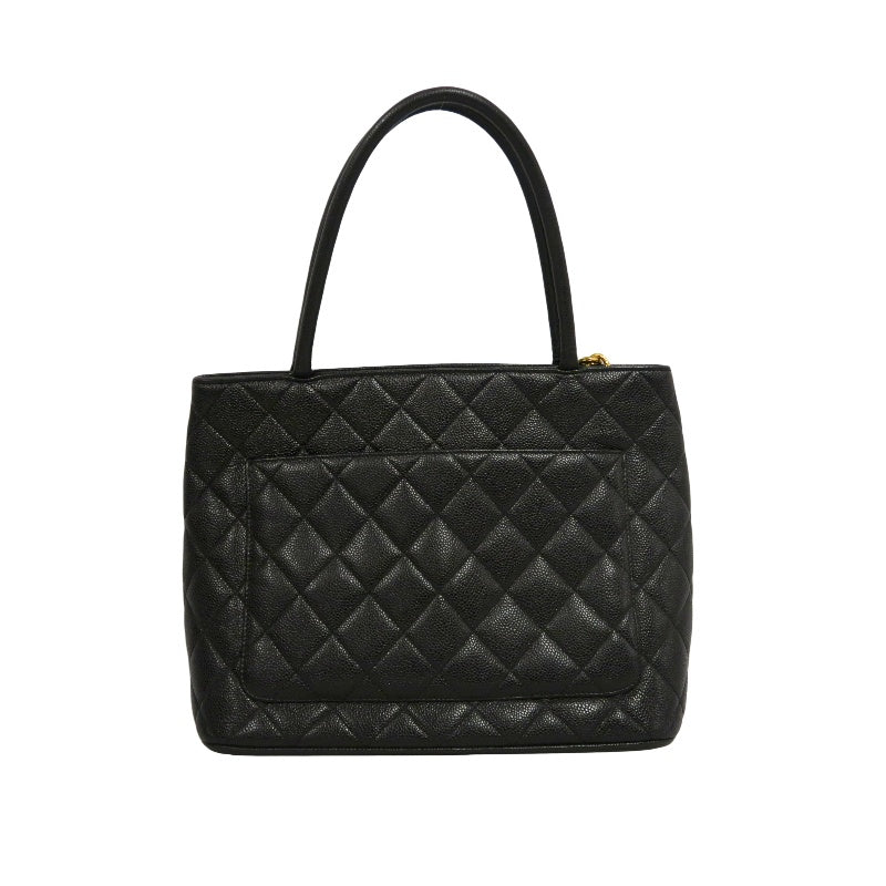 CHANEL Medallion Caviar Skin Quilted Tote Bag Black Grained Calfskin Gold Hardware CC Coin Charm Spacious Commute Iconic Timeless Vintage Classic Bag Included Original Guarantee Card