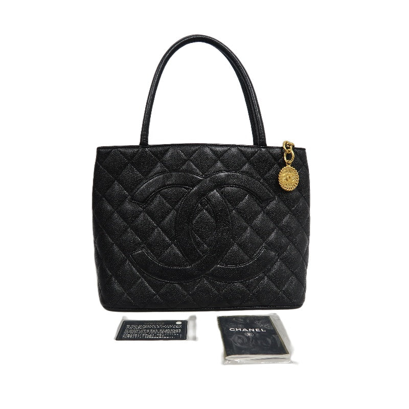 CHANEL Medallion Caviar Skin Quilted Tote Bag Black Grained Calfskin Gold Hardware CC Coin Charm Spacious Commute Iconic Timeless Vintage Classic Bag Included Original Guarantee Card