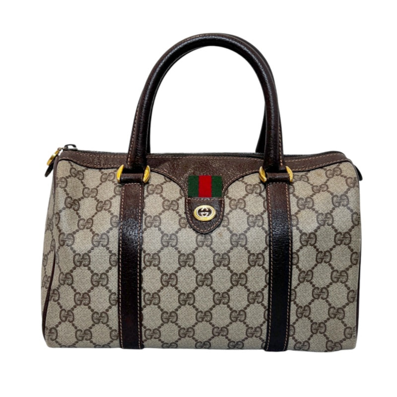 GUCCI Vintage GG Supreme Monogram Sherry Line Boston Handbag With Brown Leather Trim And Web Ribbon, Gold Hardware