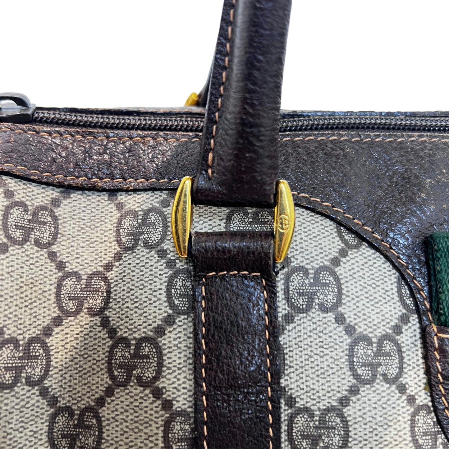 GUCCI Vintage GG Supreme Monogram Sherry Line Boston Handbag With Brown Leather Trim And Web Ribbon, Gold Hardware