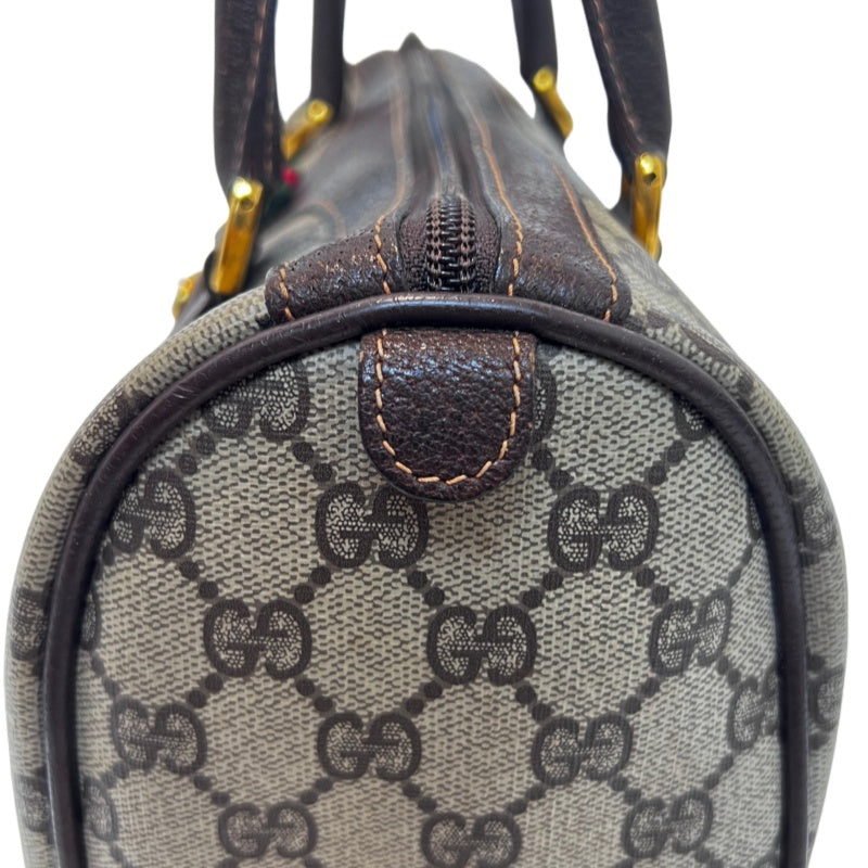 GUCCI Vintage GG Supreme Monogram Sherry Line Boston Handbag With Brown Leather Trim And Web Ribbon, Gold Hardware