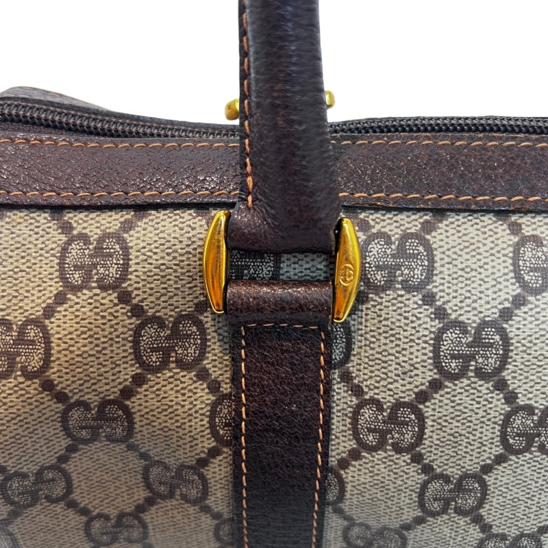 GUCCI Vintage GG Supreme Monogram Sherry Line Boston Handbag With Brown Leather Trim And Web Ribbon, Gold Hardware