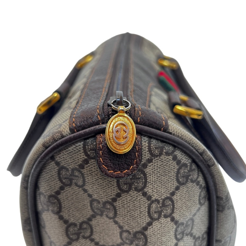 GUCCI Vintage GG Supreme Monogram Sherry Line Boston Handbag With Brown Leather Trim And Web Ribbon, Gold Hardware