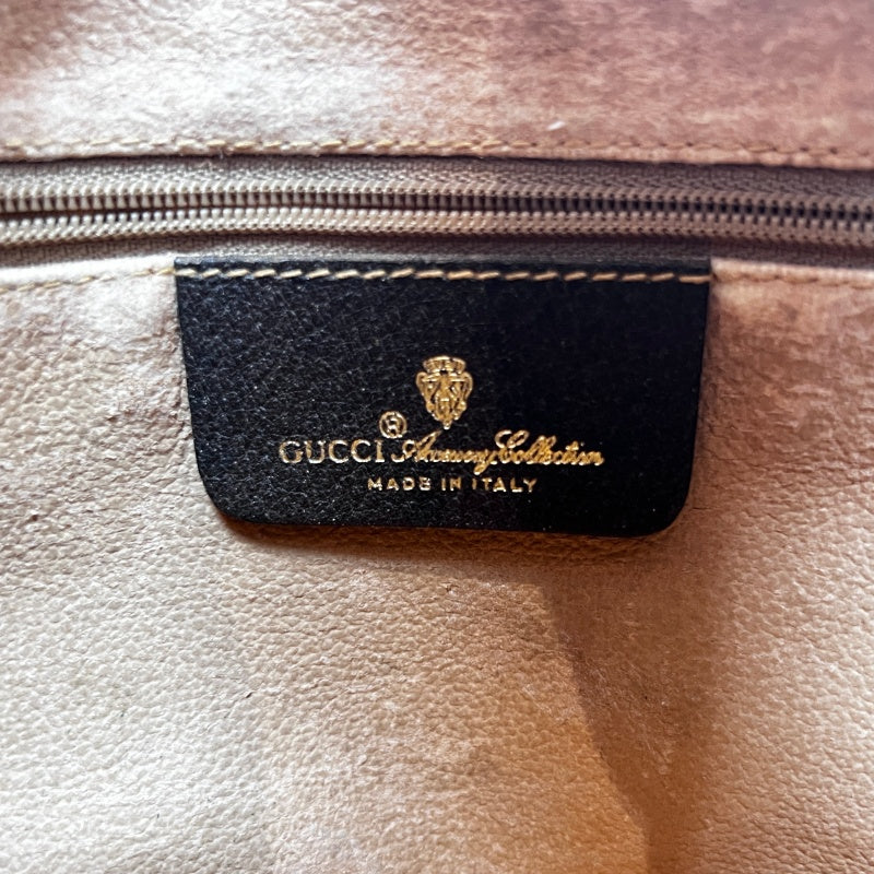 GUCCI Vintage GG Supreme Monogram Sherry Line Boston Handbag With Brown Leather Trim And Web Ribbon, Gold Hardware