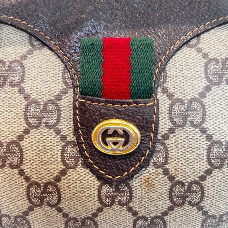 GUCCI Vintage GG Supreme Monogram Sherry Line Boston Handbag With Brown Leather Trim And Web Ribbon, Gold Hardware