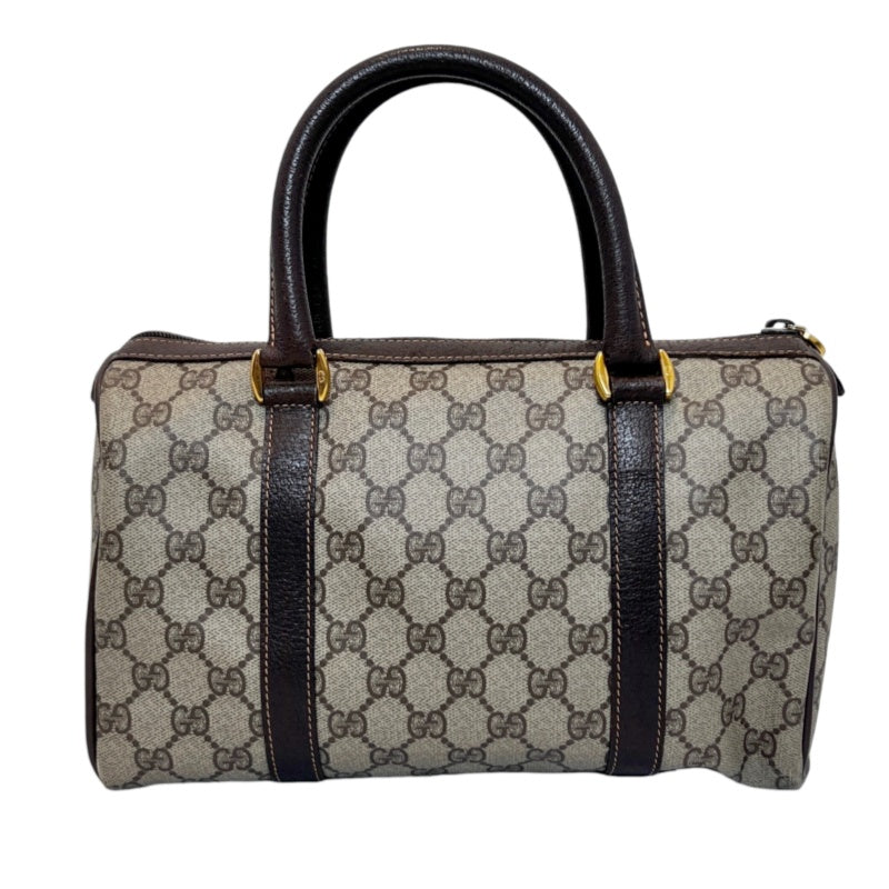 GUCCI Vintage GG Supreme Monogram Sherry Line Boston Handbag With Brown Leather Trim And Web Ribbon, Gold Hardware