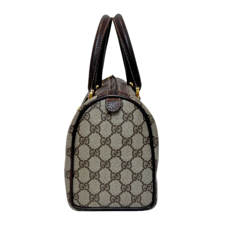 GUCCI Vintage GG Supreme Monogram Sherry Line Boston Handbag With Brown Leather Trim And Web Ribbon, Gold Hardware