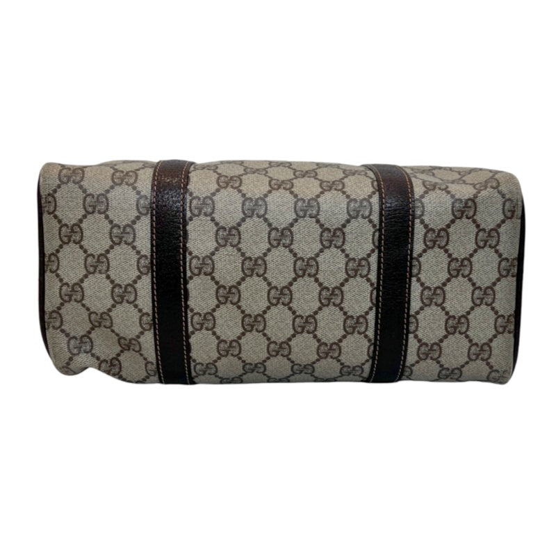 GUCCI Vintage GG Supreme Monogram Sherry Line Boston Handbag With Brown Leather Trim And Web Ribbon, Gold Hardware