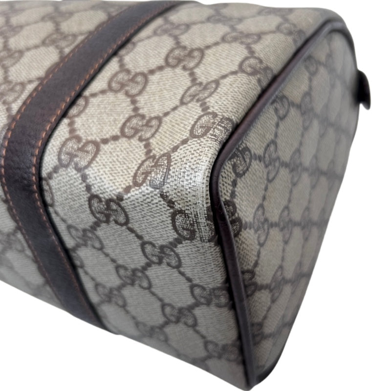 GUCCI Vintage GG Supreme Monogram Sherry Line Boston Handbag With Brown Leather Trim And Web Ribbon, Gold Hardware