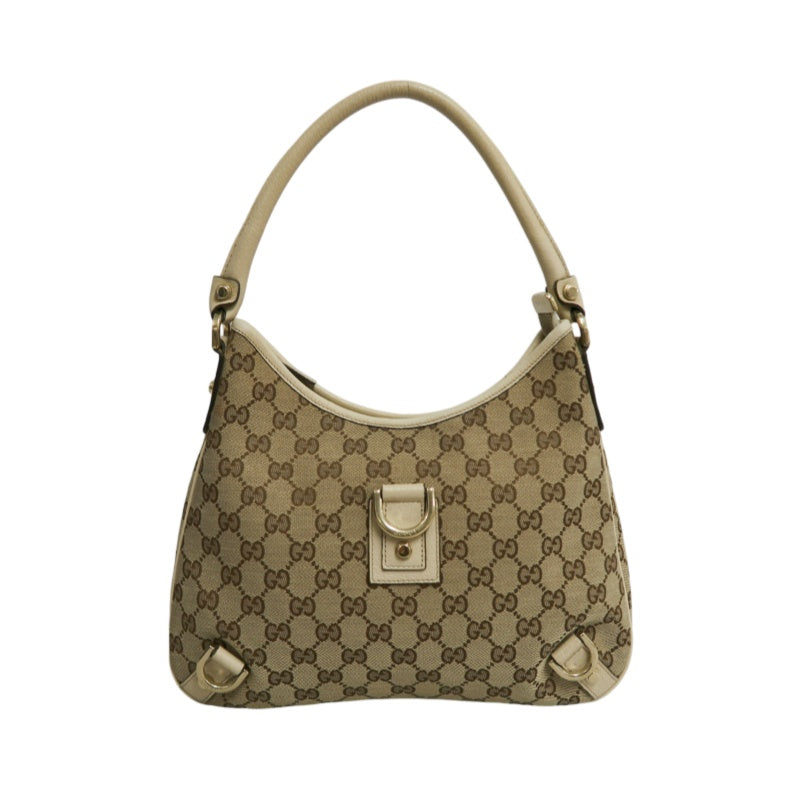 GUCCI GG Monogram Canvas Hobo Shoulder Bag Beige Brown Classic Pattern Light Tan Off White Leather Trim Gold Hardware Vintage Elegant Spacious Casual Daily Commute Bag