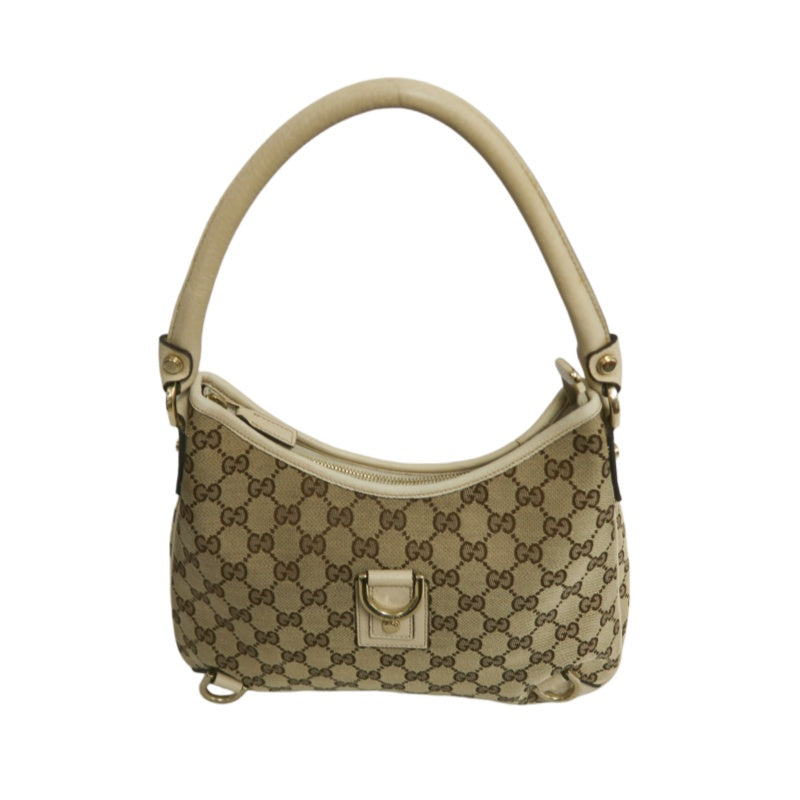 GUCCI GG Monogram Canvas Hobo Shoulder Bag Beige Brown Classic Pattern Light Tan Off White Leather Trim Gold Hardware Vintage Elegant Spacious Casual Daily Commute Bag