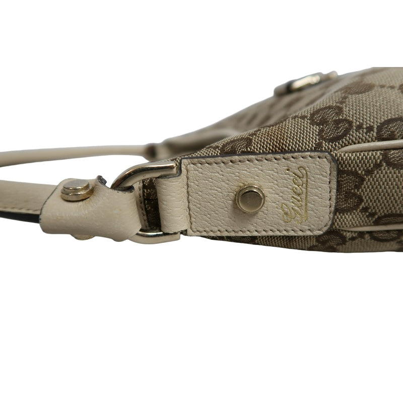 GUCCI GG Monogram Canvas Hobo Shoulder Bag Beige Brown Classic Pattern Light Tan Off White Leather Trim Gold Hardware Vintage Elegant Spacious Casual Daily Commute Bag