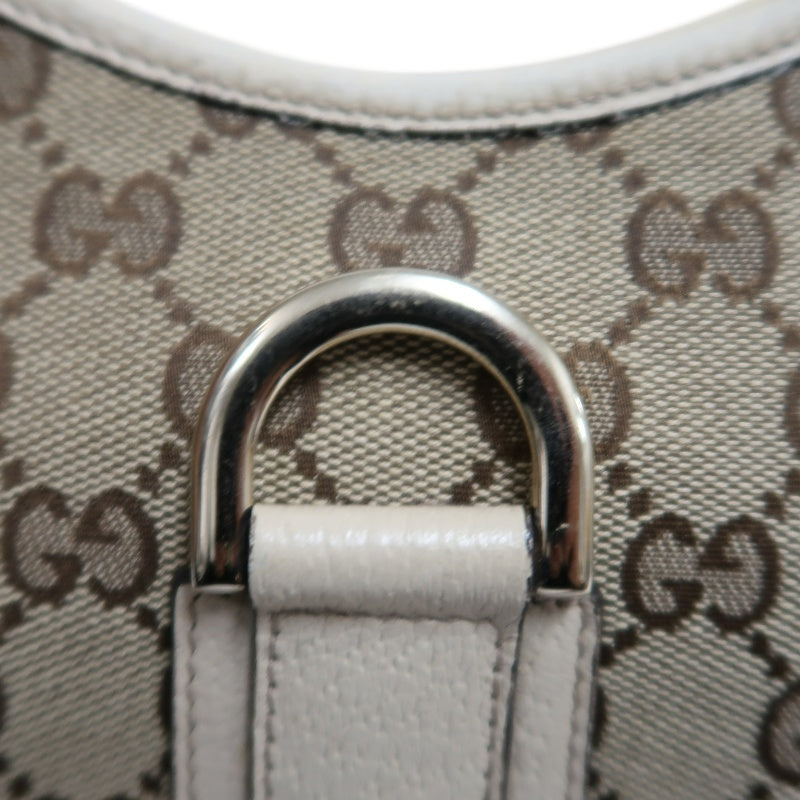 GUCCI GG Monogram Canvas Hobo Shoulder Bag Beige Brown Classic Pattern Light Tan Off White Leather Trim Gold Hardware Vintage Elegant Spacious Casual Daily Commute Bag