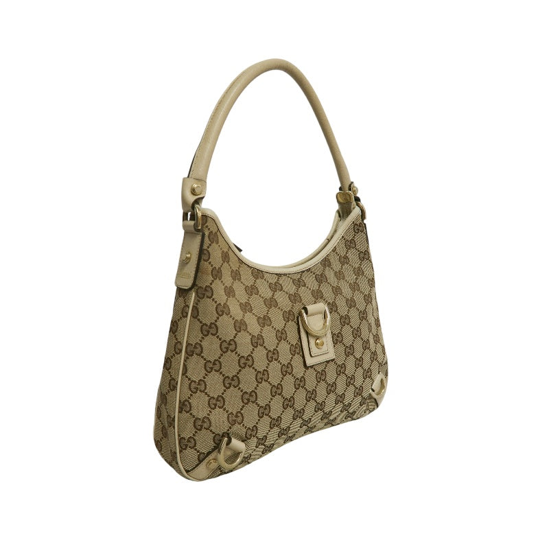 GUCCI GG Monogram Canvas Hobo Shoulder Bag Beige Brown Classic Pattern Light Tan Off White Leather Trim Gold Hardware Vintage Elegant Spacious Casual Daily Commute Bag