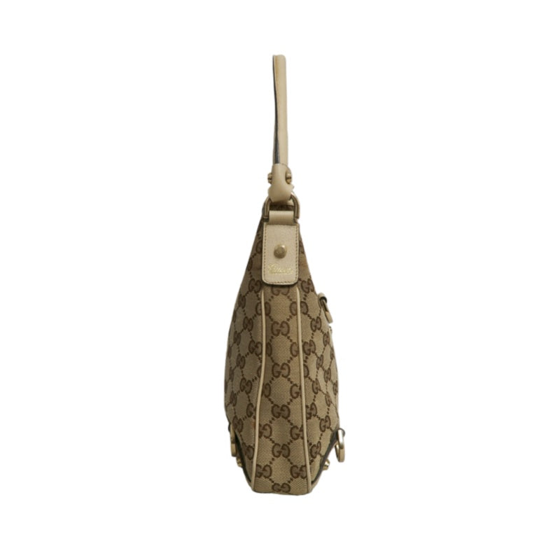 GUCCI GG Monogram Canvas Hobo Shoulder Bag Beige Brown Classic Pattern Light Tan Off White Leather Trim Gold Hardware Vintage Elegant Spacious Casual Daily Commute Bag