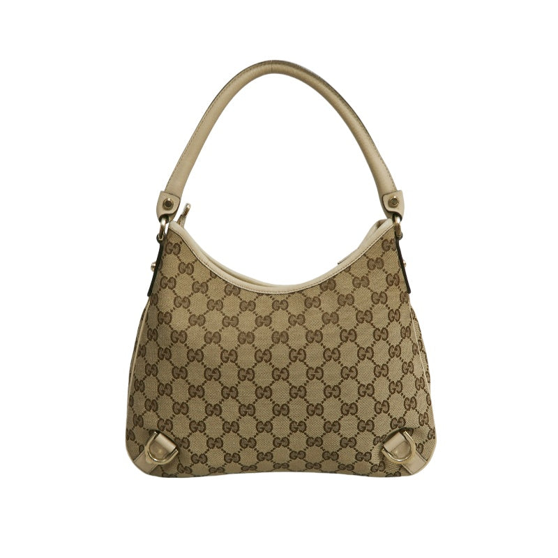 GUCCI GG Monogram Canvas Hobo Shoulder Bag Beige Brown Classic Pattern Light Tan Off White Leather Trim Gold Hardware Vintage Elegant Spacious Casual Daily Commute Bag