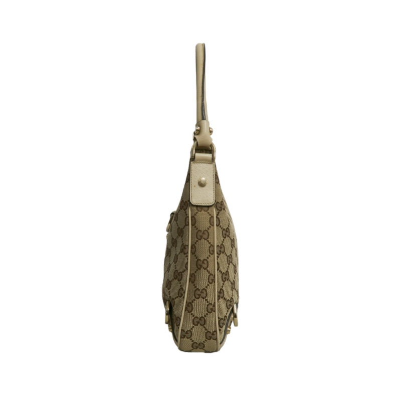GUCCI GG Monogram Canvas Hobo Shoulder Bag Beige Brown Classic Pattern Light Tan Off White Leather Trim Gold Hardware Vintage Elegant Spacious Casual Daily Commute Bag
